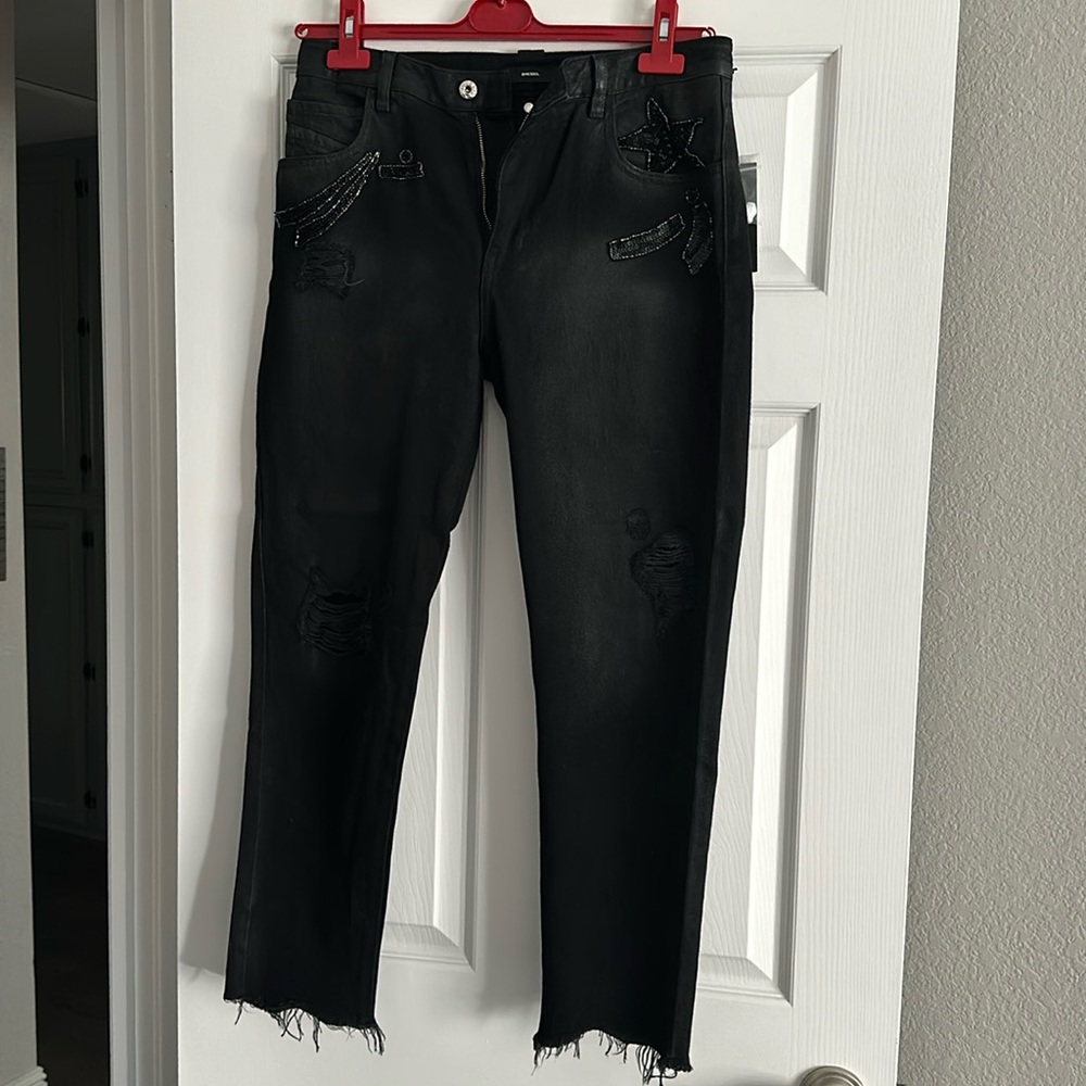 Diesel Black Wax Denim Sequined Jeans New Made in Italy 28 distressed